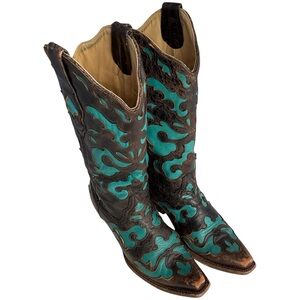 Corral Vintage Brown/Turquoise Distressed Leather Cowboy Boots Women’s Size 6.5M